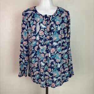 Nine West Blouse XL Blue Pink Boho Floral Long Sleeve Popover Top Women's